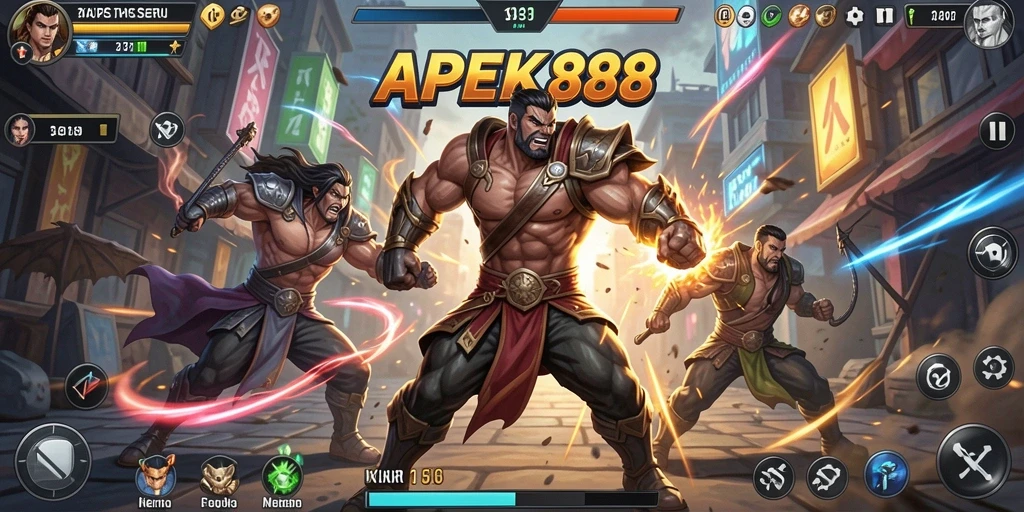 Screenshot gameplay APEK88 menunjukkan pertarungan intens dengan karakter yang beragam.