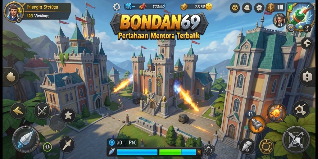 Screenshot gameplay <strong>BONDAN69</strong> menampilkan aksi menara bertahan melawan gelombang musuh.