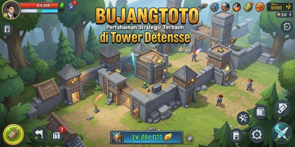 Tampilan utama gameplay taktis Tower Defense BUJANGTOTO dengan strategi menara.