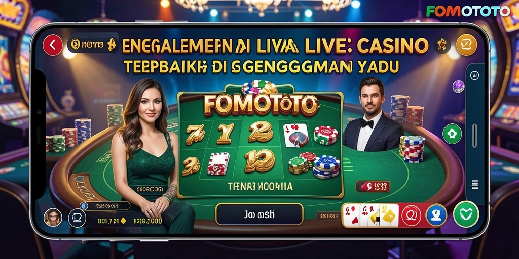 Screenshot gameplay FOMOTOTO menampilkan dealer live dan suasana kasino yang nyata.
