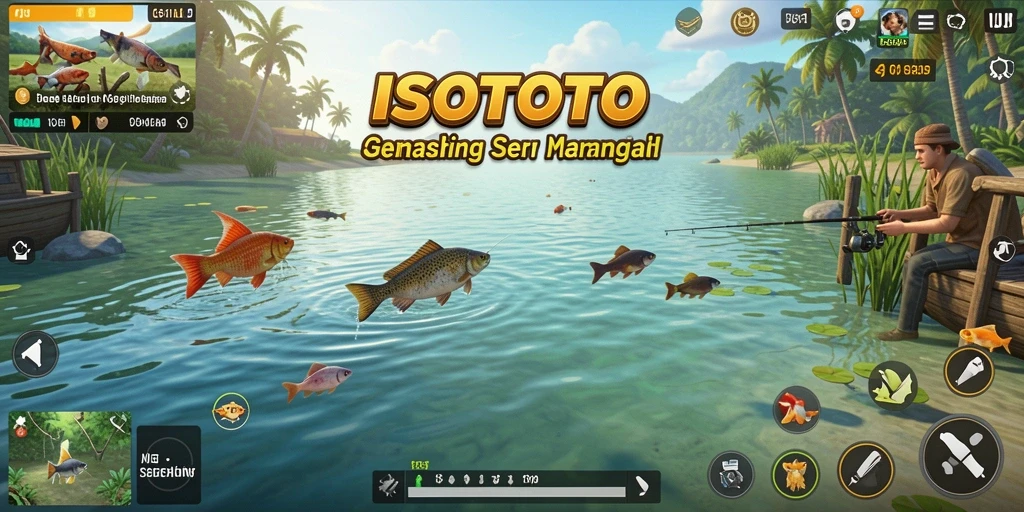 Tampilan gameplay ISOTOTO yang menampilkan suasana memancing yang seru.