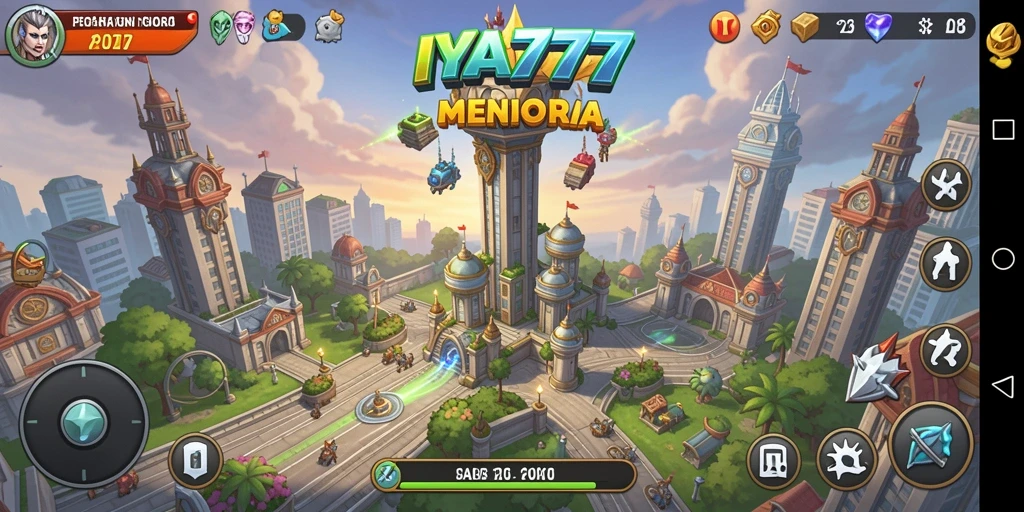 Screenshot gameplay IYA777 menunjukkan aksi menara pertahanan yang intens.