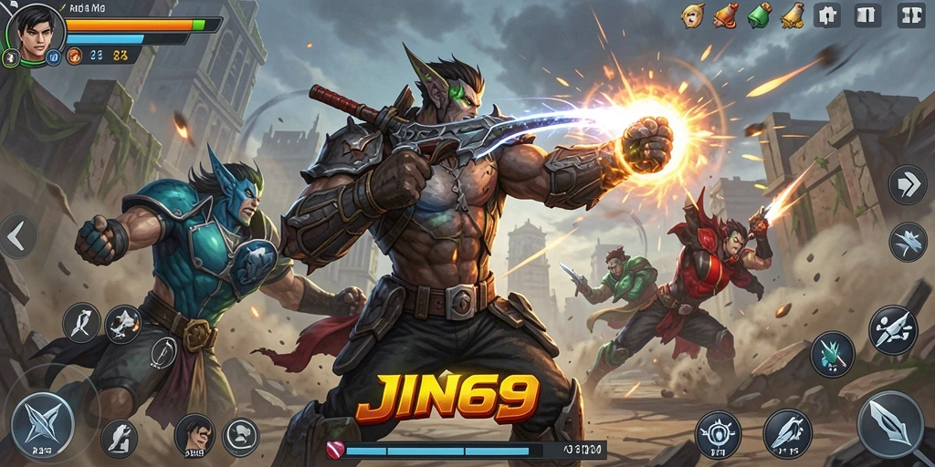 Tampilan gameplay seru dalam pertarungan karakter JIN69.