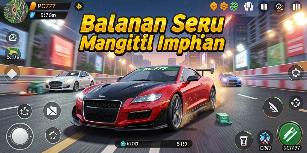 Tangkapan layar gameplay PC777 menampilkan balapan mendebarkan di trek berliku.