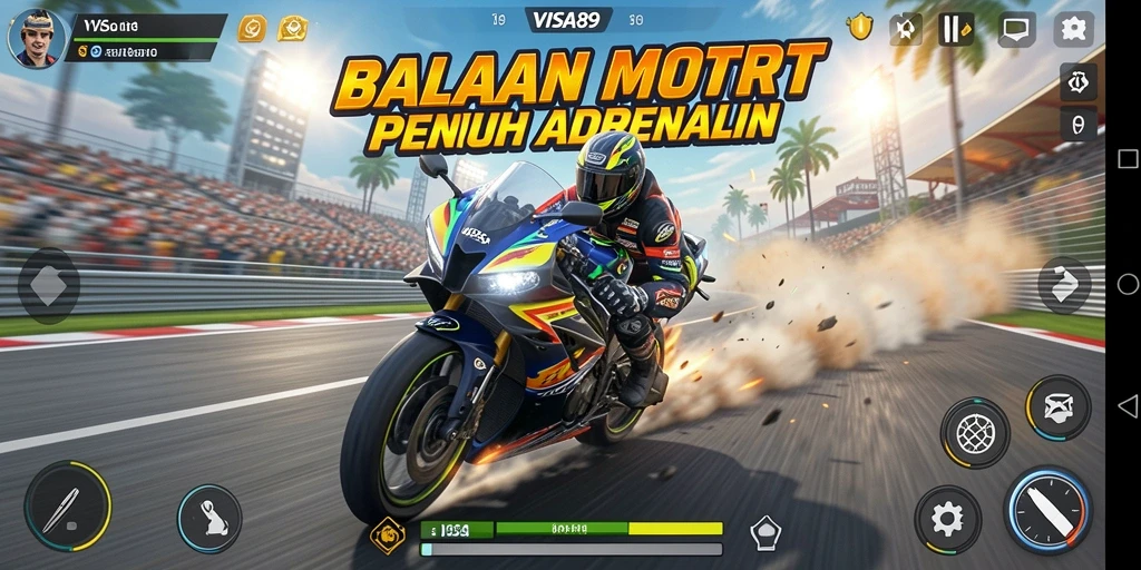 Screenshot gameplay menunjukkan balapan motor yang mendebarkan.