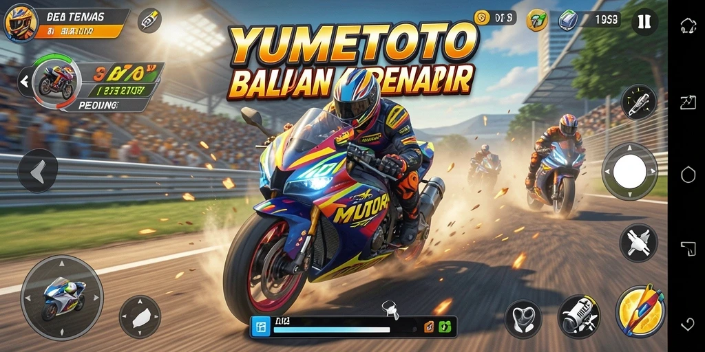 Tampilan gameplay YUMETOTO dengan balapan motor yang mendebarkan.